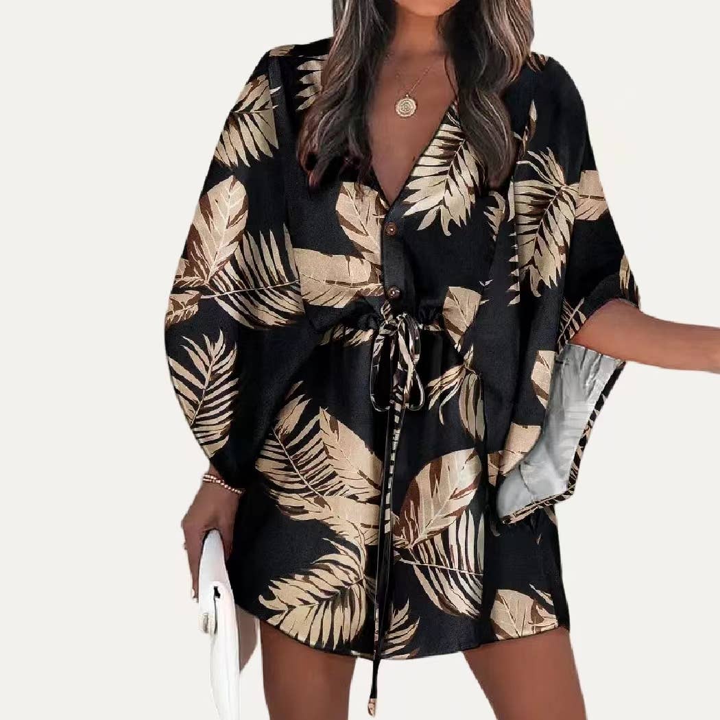 Floral Print Button Tying Wasit Half Sleeve Cover Up