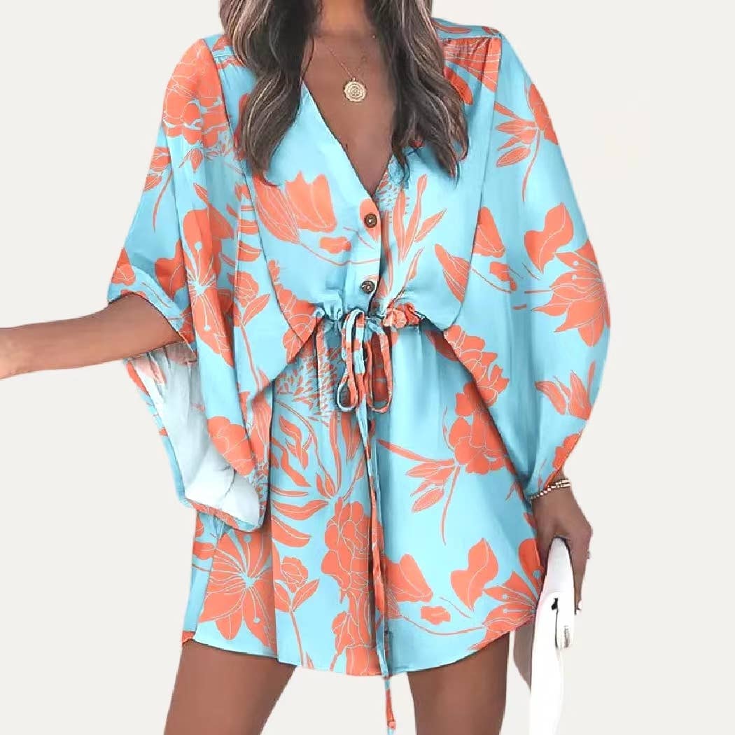 Floral Print Button Tying Wasit Half Sleeve Cover Up