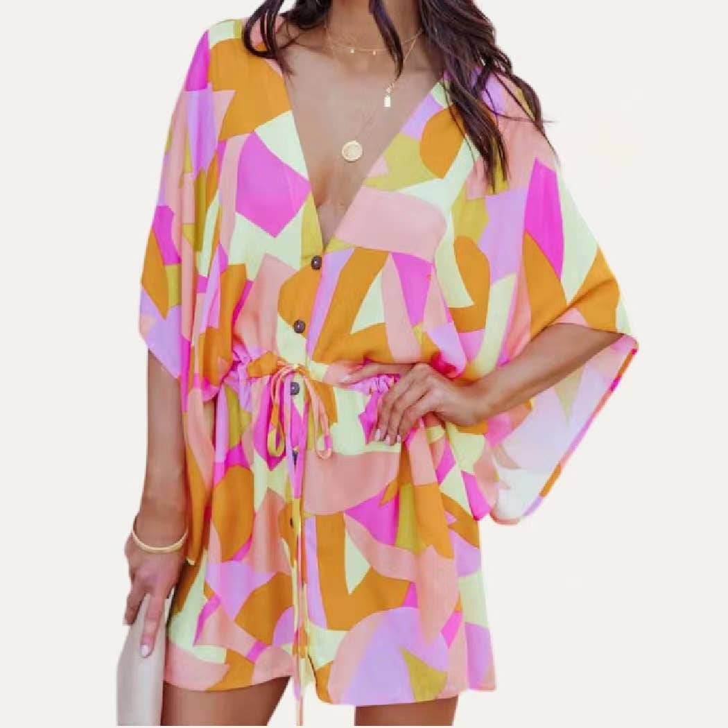Floral Print Button Tying Wasit Half Sleeve Cover Up