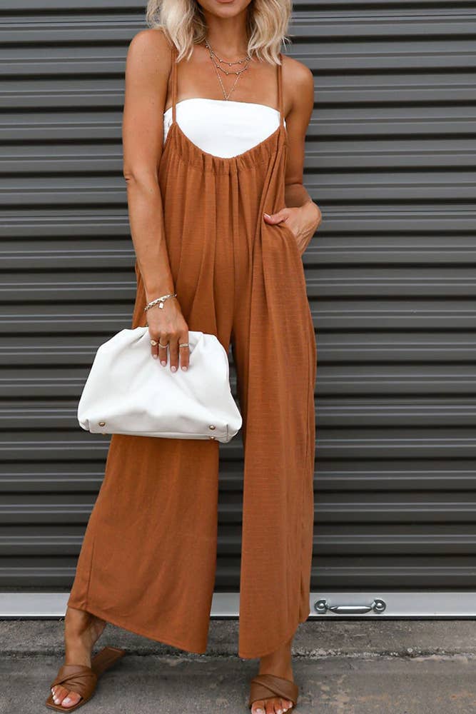 Spaghetti Strap Gathering Wide Leg Jumpsuit