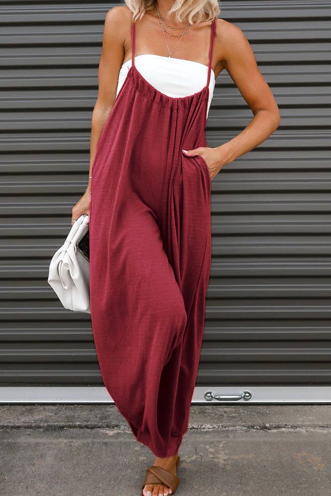 Spaghetti Strap Gathering Wide Leg Jumpsuit