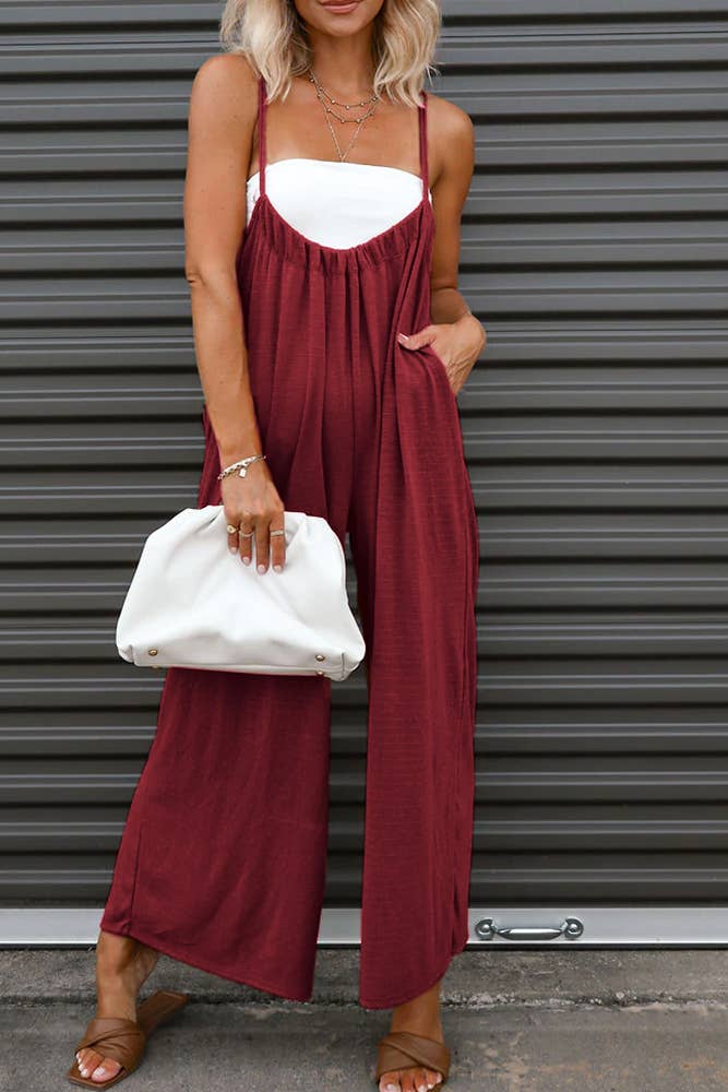 Spaghetti Strap Gathering Wide Leg Jumpsuit