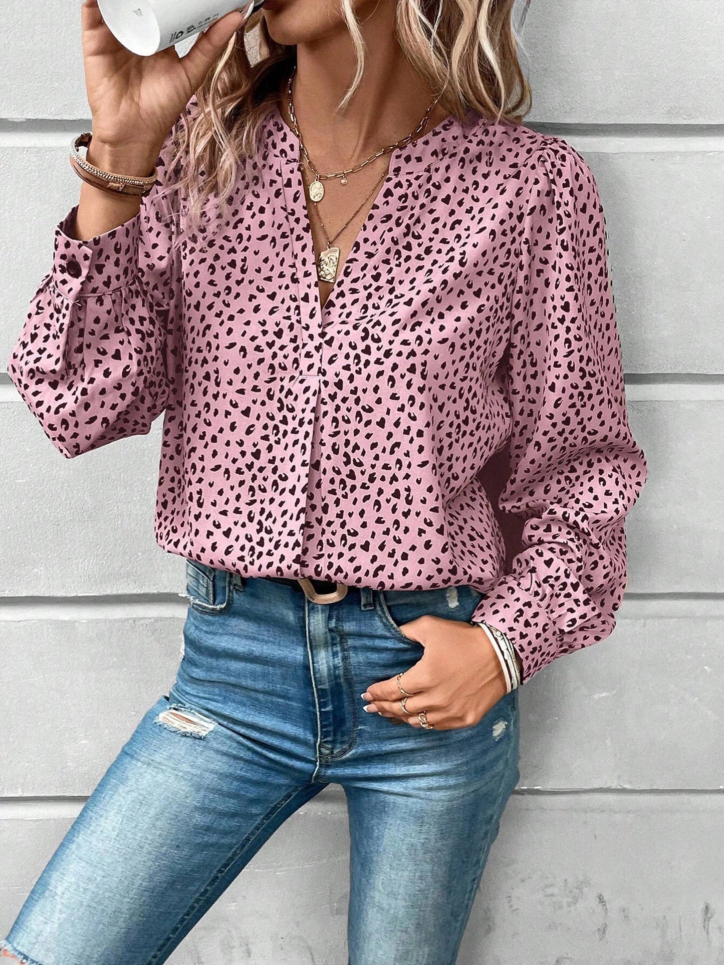 V-neck Pullover Leopard Print Long Sleeved Shirt