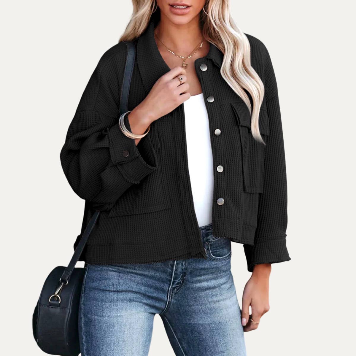 Always Popular Textured Button-Up Long Sleeve Cropped Jacket