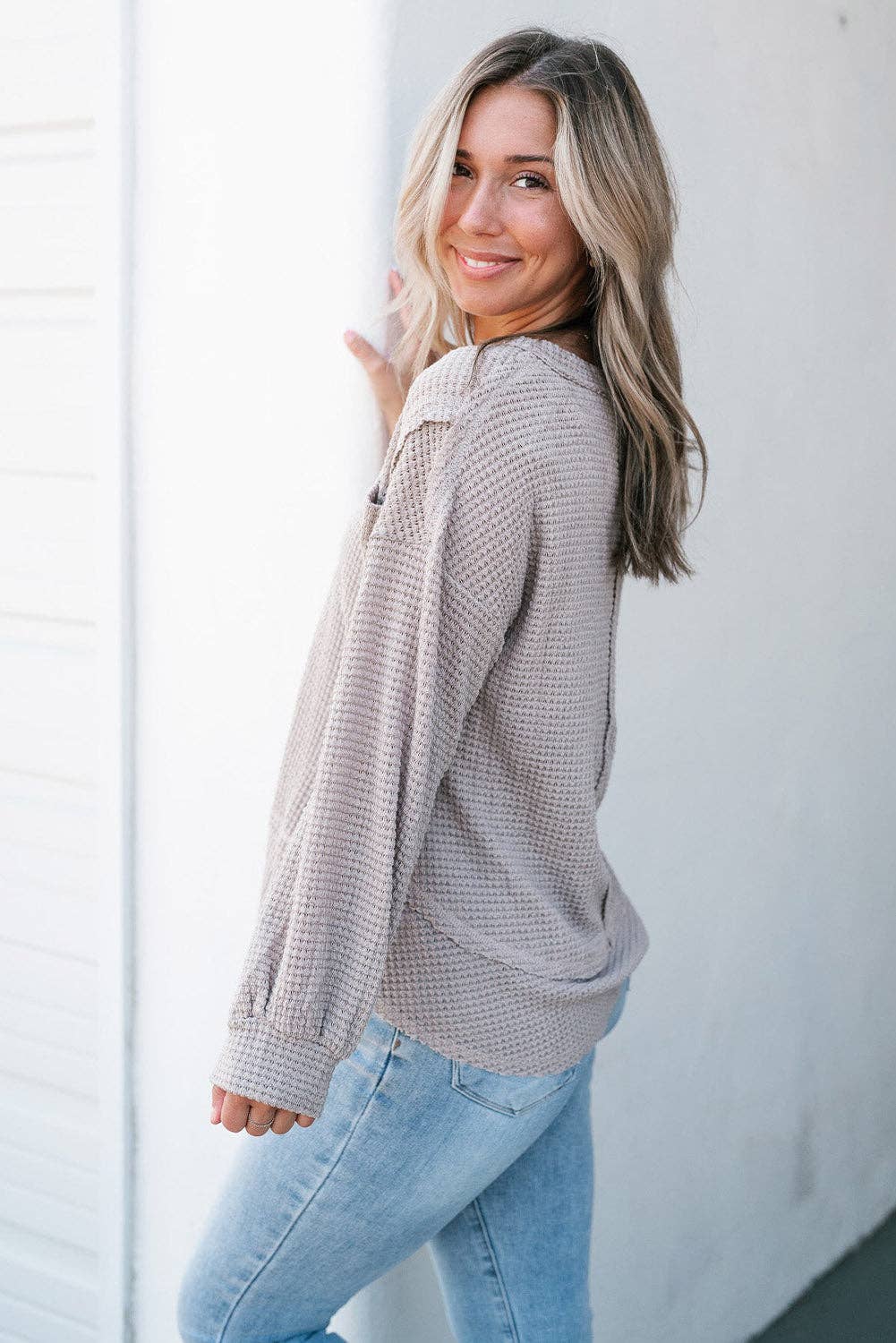 Eden Raw Edge Detail Waffle Knit V Neck Top