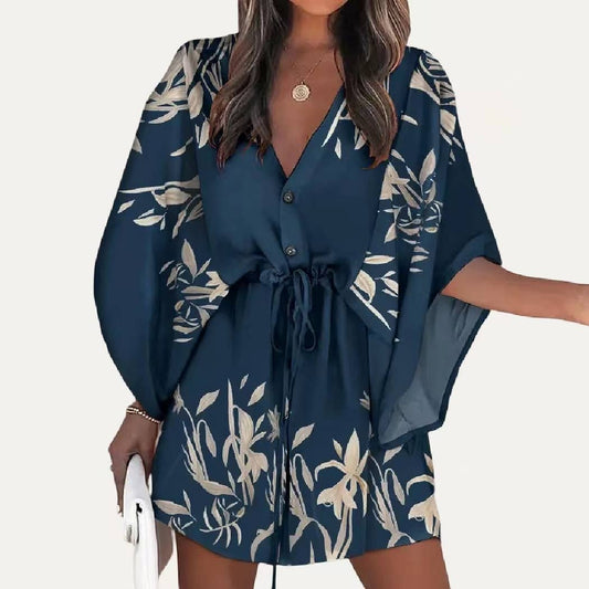 Floral Print Button Tying Wasit Half Sleeve Cover Up