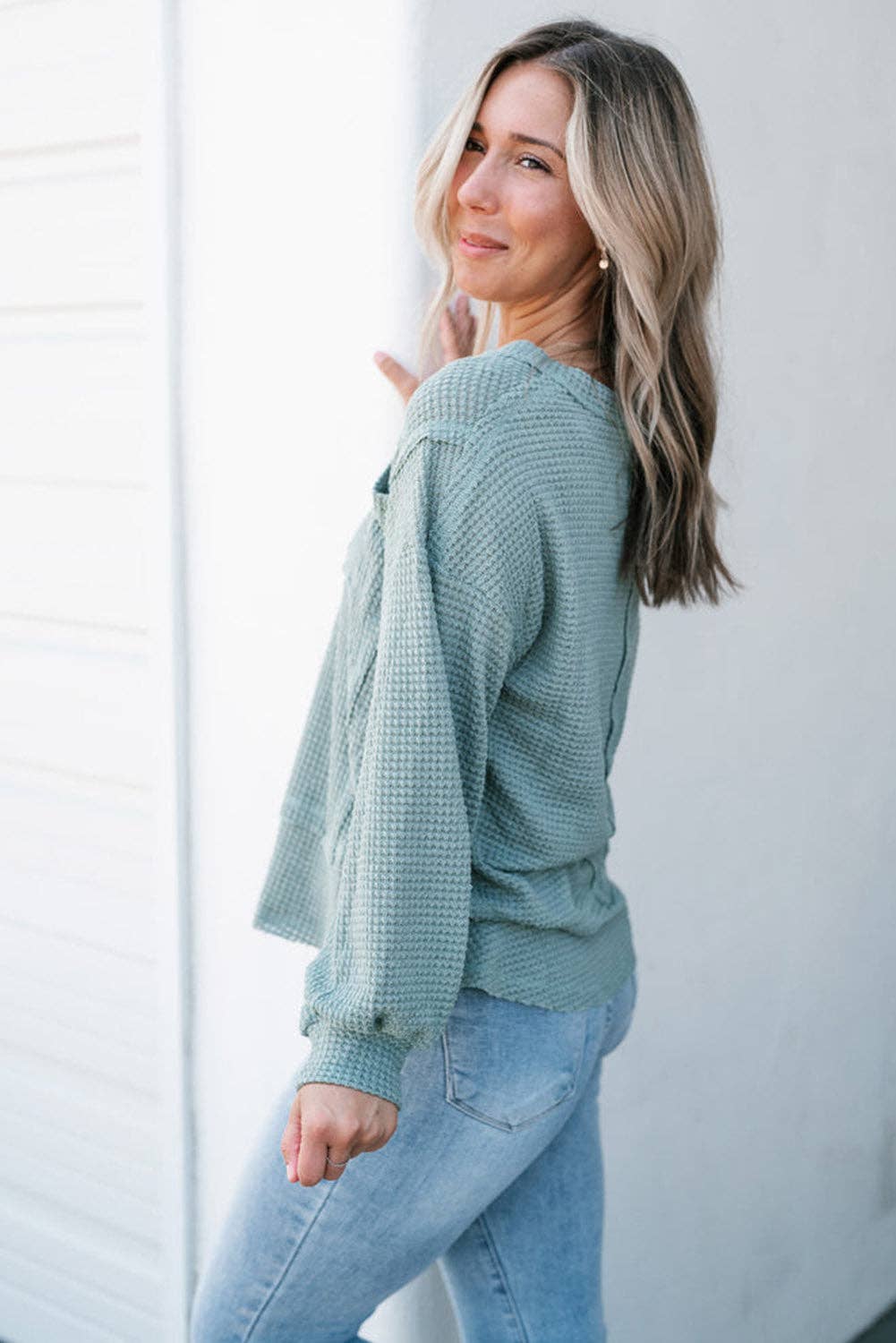 Eden Raw Edge Detail Waffle Knit V Neck Top