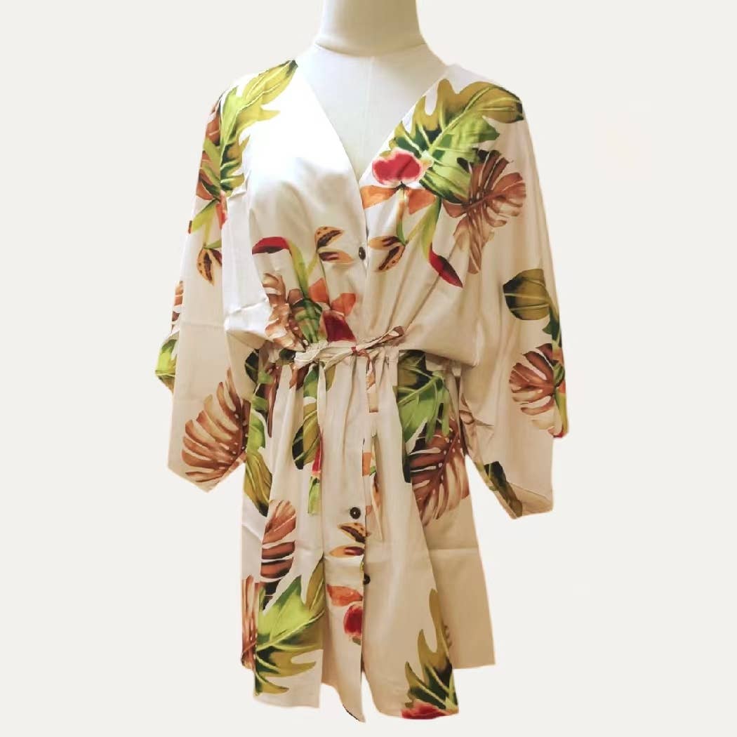 Floral Print Button Tying Wasit Half Sleeve Cover Up