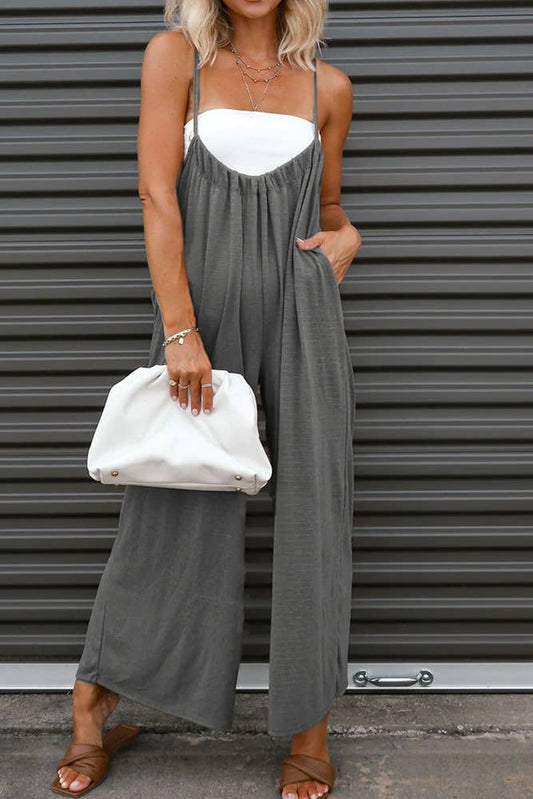 Spaghetti Strap Gathering Wide Leg Jumpsuit