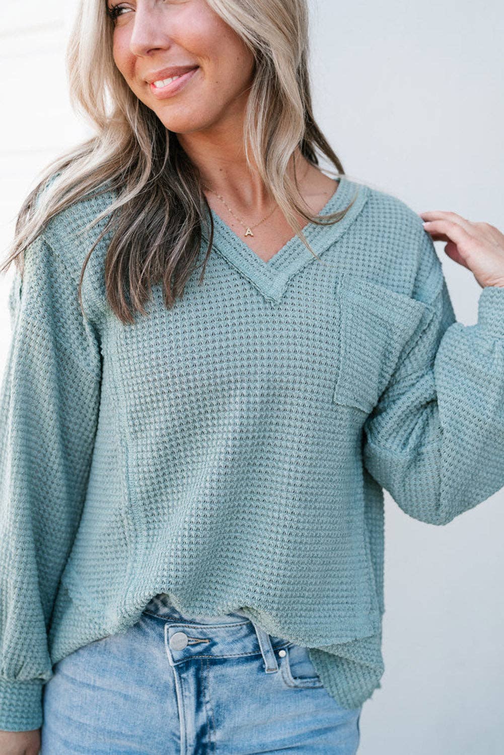 Eden Raw Edge Detail Waffle Knit V Neck Top